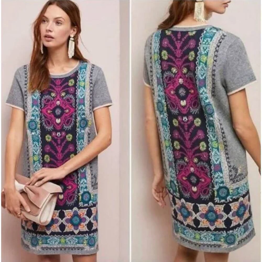 Anthropologie Akemi+Kin Grey Multi Short Sleeve Sweater Dress Women's Size S